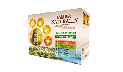 IAMS Naturally Land & Sea Collection in Sauce – Vollwertiges Nassfutter für erwachsene Katzen von 1-6 Jahre in verschiedenen Geschmackssorten – 12 x 85g Frischebeutel