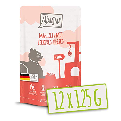 MjAMjAM – Premium Nassfutter für Katzen – Quetschie – Mahlzeit mit leckeren Herzen, 12er Pack (12 x 125 g), getreidefrei mit extra viel Fleisch