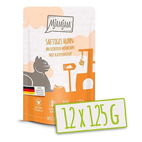 MjAMjAM – Premium Nassfutter für Katzen – Quetschie – saftiges Huhn an leckeren Möhrchen, 12er Pack (12 x 125 g), getreidefrei mit extra viel Fleisch