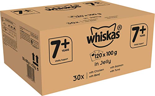 Whiskas 7 + Katzenfutter – Gemischte Auswahl in Gelee – Hochwertiges Nassfutter für Katzen ab 7 Jahren und älter – Für die Bewahrung der Vitalität – 120 Portionsbeutel à 100g