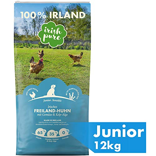 Irish Pure Junior Freiland-Huhn mit Kelp-Alge & Gemüse – Welpen Trockenfutter für wachsende Hunde, Hoher Fleischanteil, Getreidefrei, Sensitiv, Puppy, Hundetrockenfutter, Hundefutter (12kg)