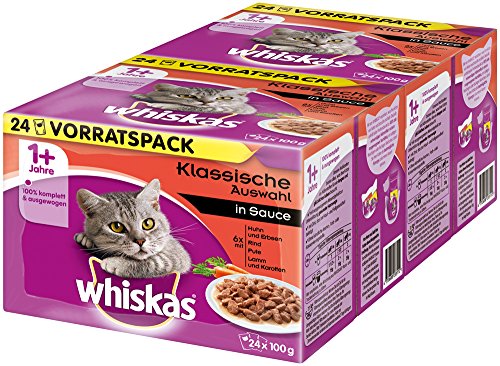 Whiskas 1 + Katzenfutter – Klassische Auswahl in Sauce – Hochwertiges Nassfutter – Für eine glückliche Katze – 2 x 24 Portionsbeutel à 100g