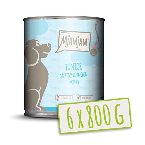 MjAMjAM – Premium Nassfutter für Hunde – Junior saftiges Hühnchen mit Ei – getreidefrei mit extra viel Fleisch, 6er Pack (6 x 800 g)