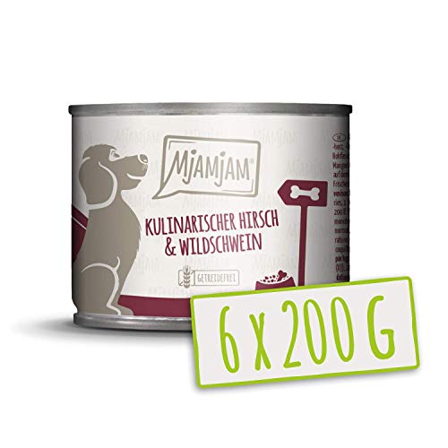 MjAMjAM – Premium Nassfutter für Hunde – kulinarischer Hirsch & Wildschwein an Preiselbeeren, 6er Pack (6 x 200 g), getreidefrei mit extra viel Fleisch