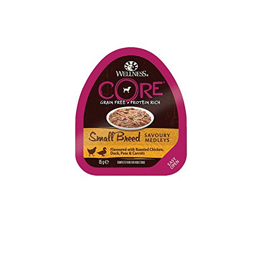 Wellness CORE Small Breed Savoury Medleys, Hundefutter nass getreidefrei für kleine Rassen, hoher Fleischanteil, Huhn, Ente, Erbsen und Möhren, 12 x 85 g Schalen